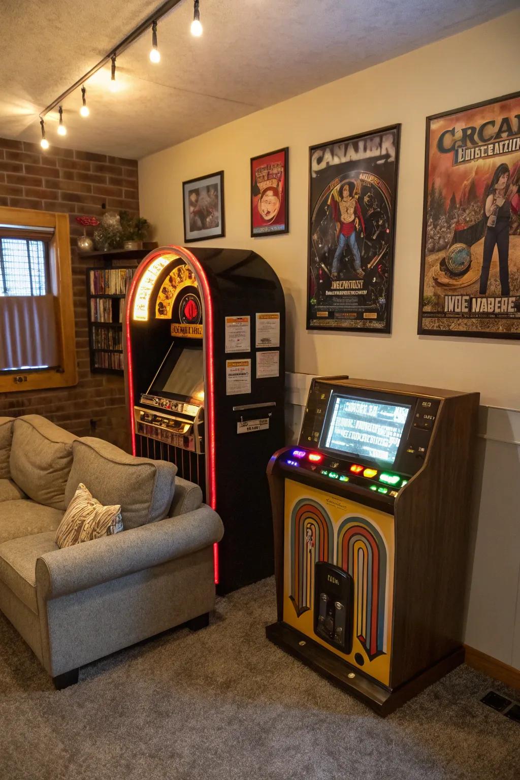 Retro arcade machines and a vintage jukebox add a nostalgic and playful vibe.