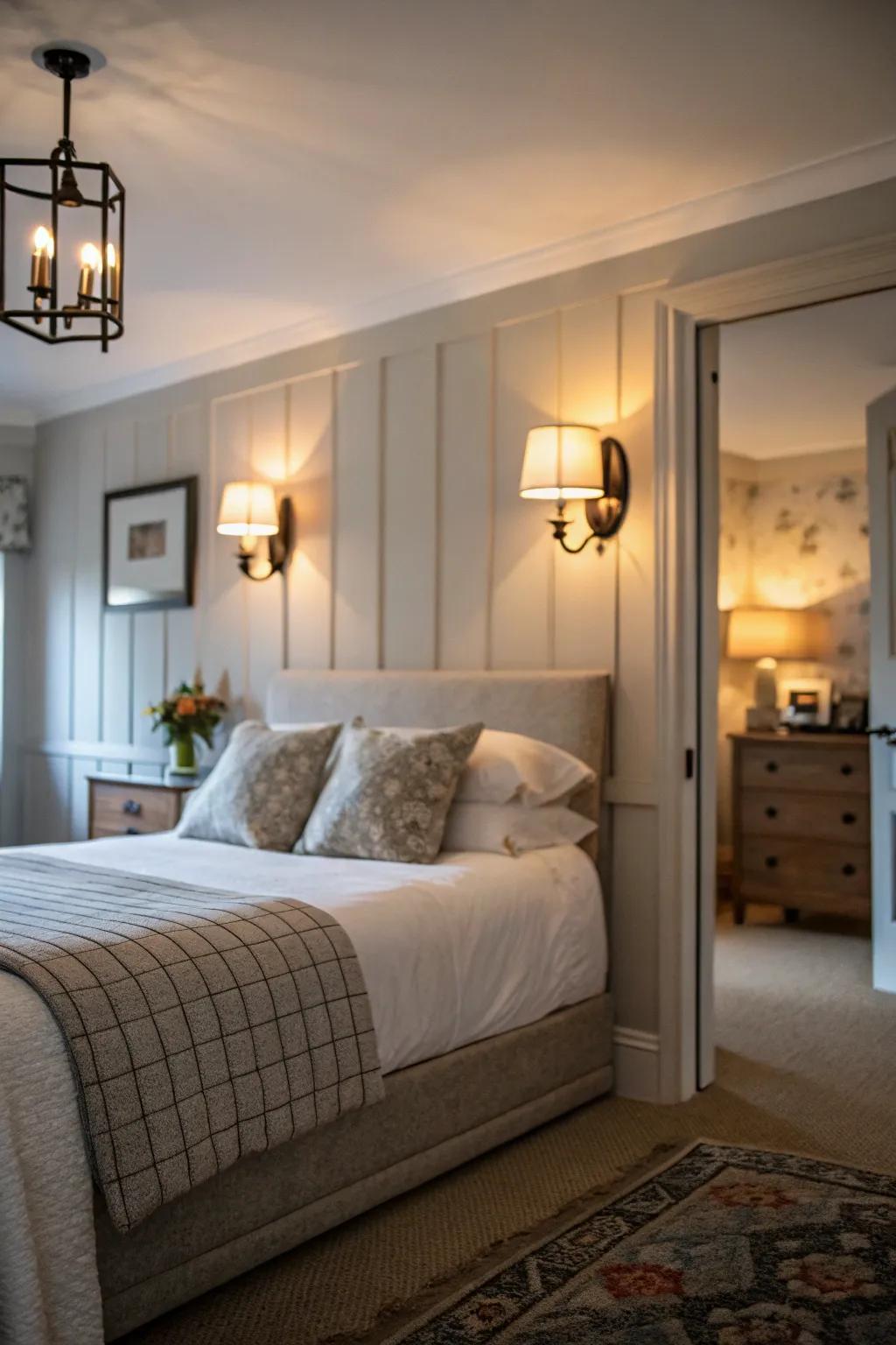Wall mount lighting provides temperate illumination in a compact primary bedroom.