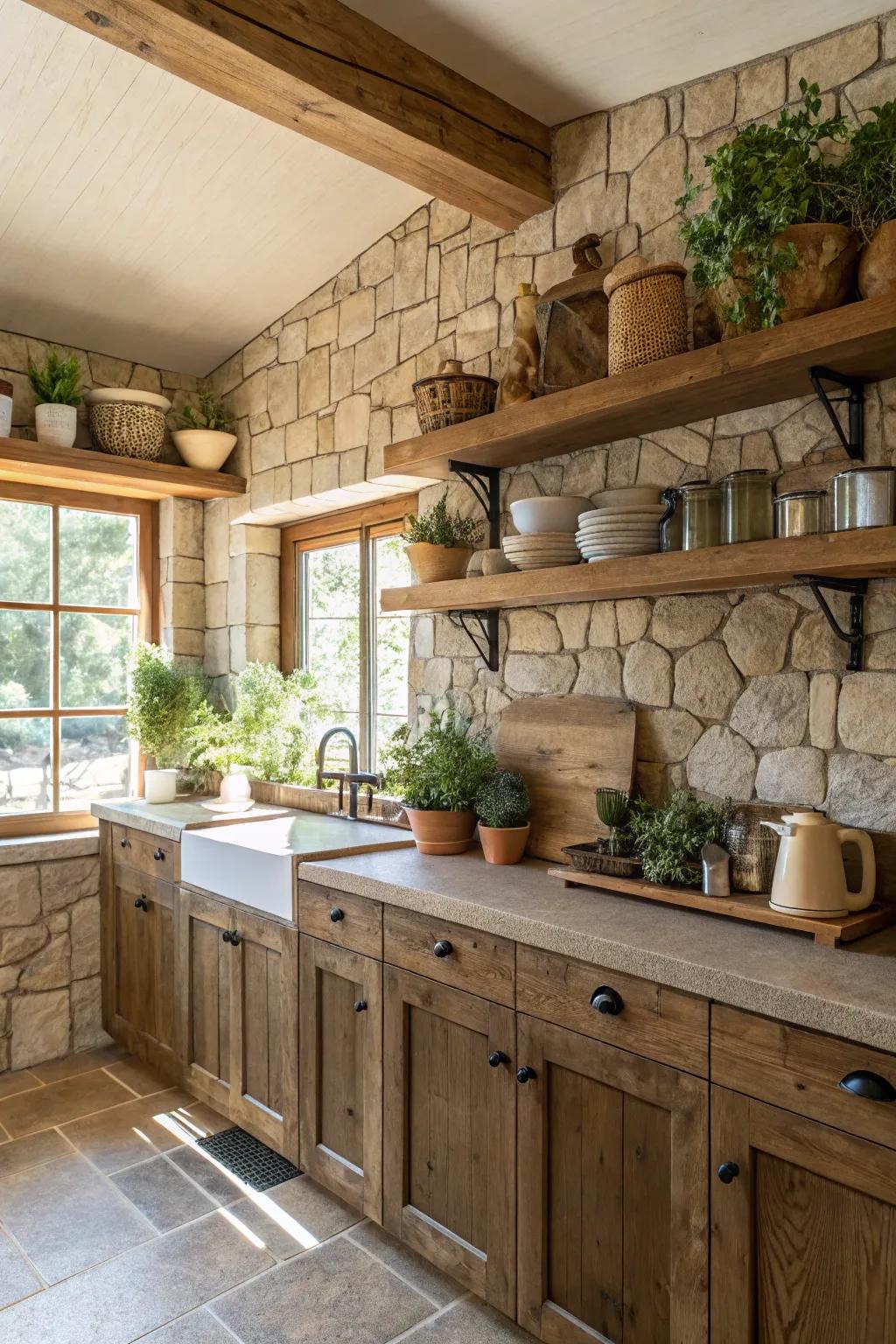 Stone and timber elements create a natural and earthy kitchen vibe.