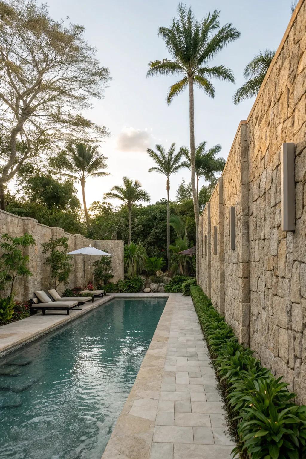 A pool area transformed into a secluded retreat using rock walls.
