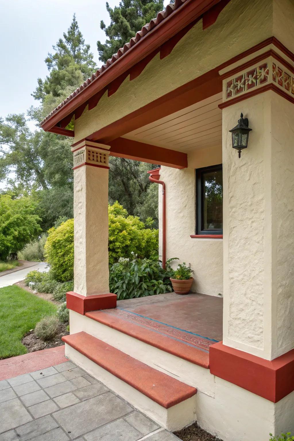 Color differences create an eye-catching aesthetic on this stucco porch.