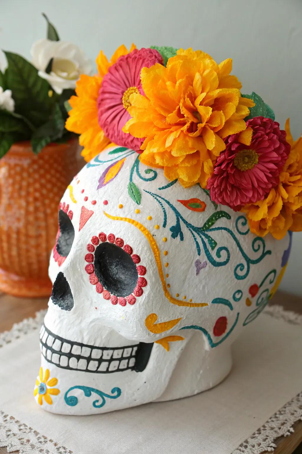 A Day of the Dead head that celebrates in vibrant style.