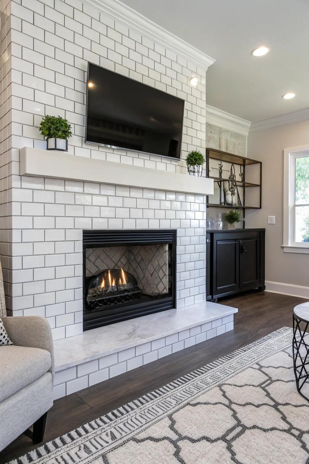 Monochrome strip tiles offer timeless sophistication to any fireplace.