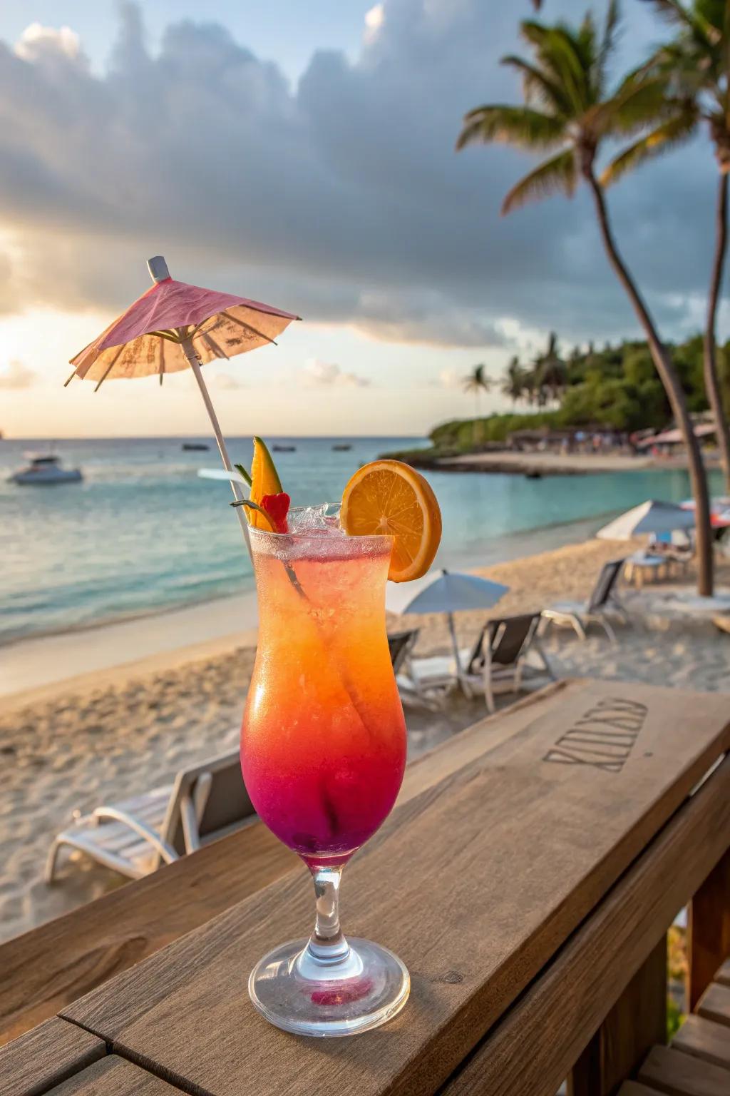 An exclusive potion echoing sundown hues at a beachside counter.