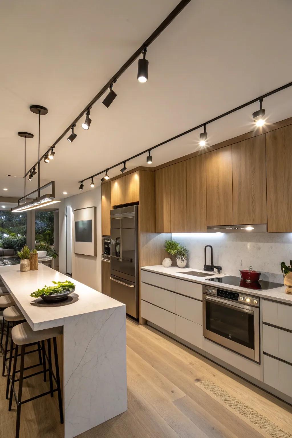 Smart track lighting enhancing modern kitchen convenience