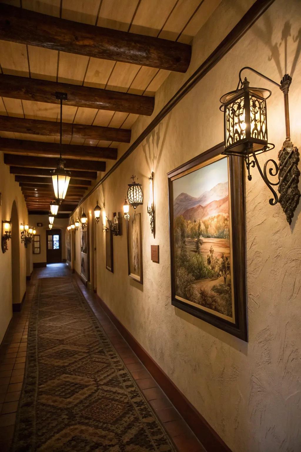 Rustic sconces add warmth and character to walls.