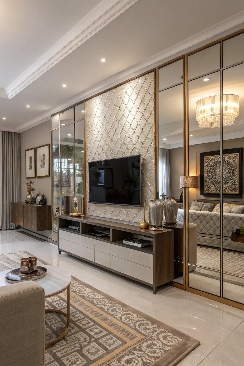 A TV wall that integrates mirrors for a reflective, contemporary vibe.