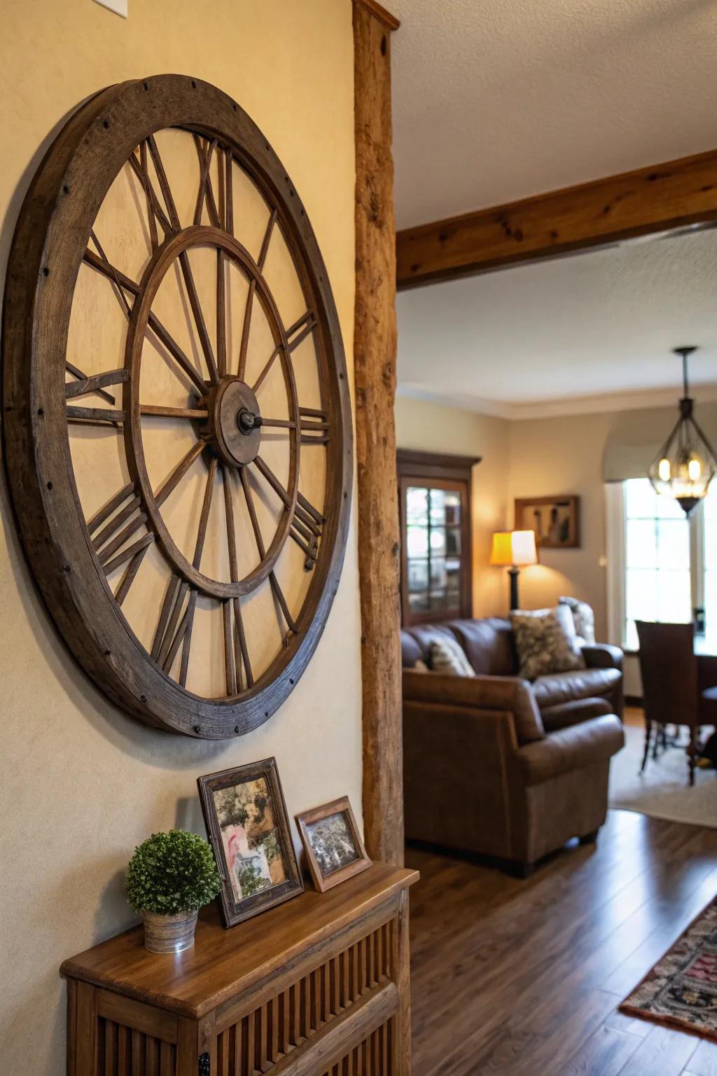 A cartwheel transformed into a vintage timepiece, serving as a stunning wall feature.