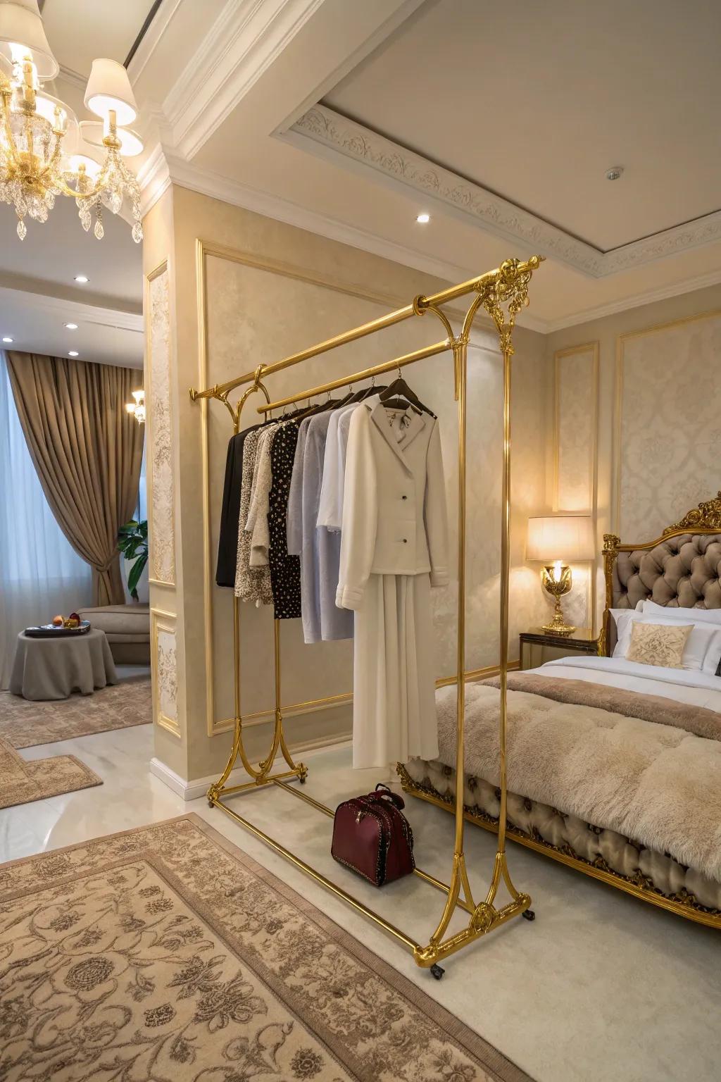 An elegant bedroom featuring a gold-finished wall-mounted clothing rack.