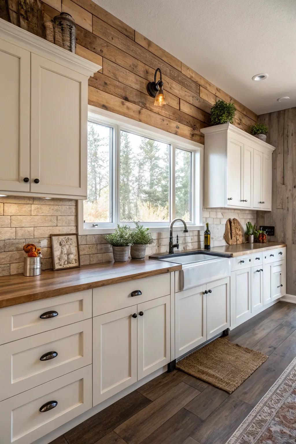 Timber-style tiles enriching white cabinets with a touch of natural warmth.