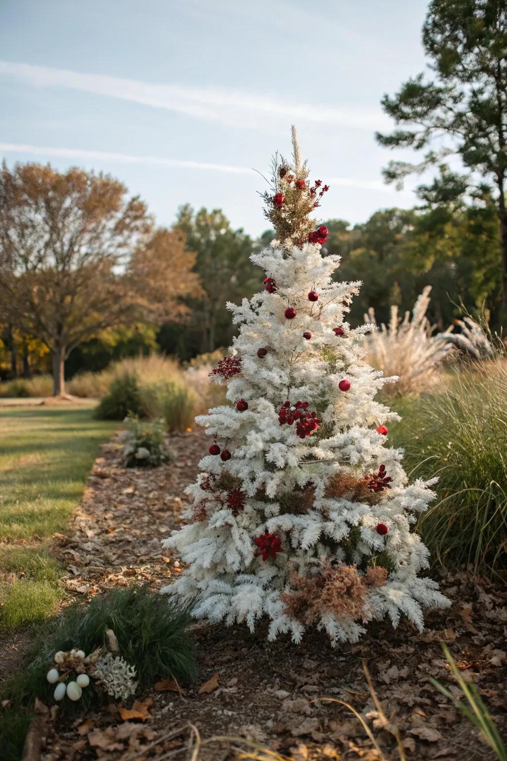 Nature's touch on a white Christmas tree.