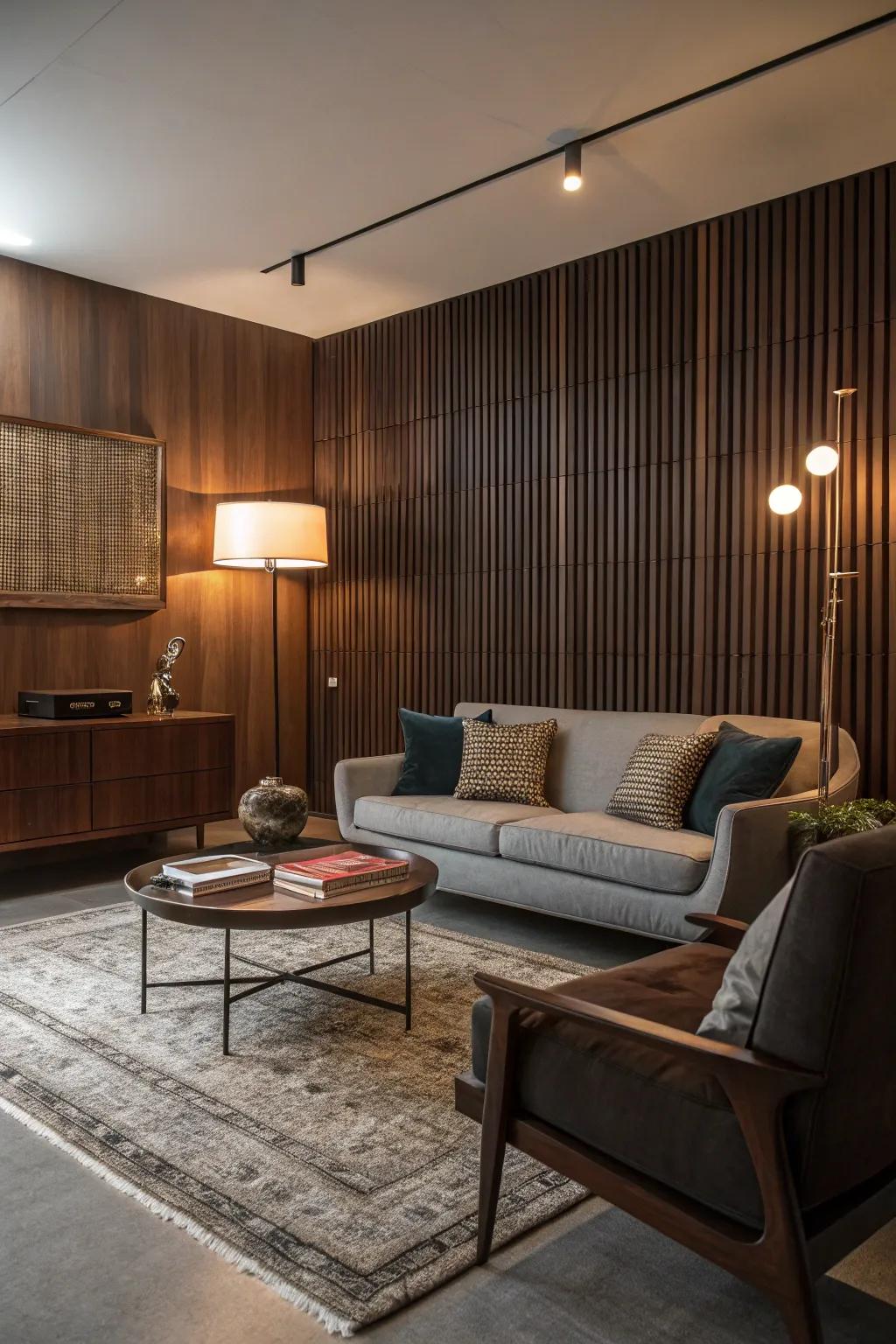 Design a sophisticated atmosphere through mid-century modern timber slats.