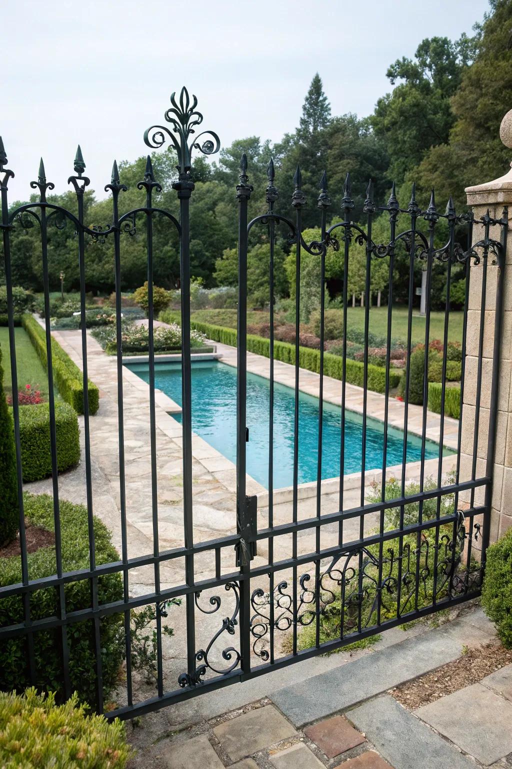 Wide spacing in the metal barrier maintains open views of the pool.