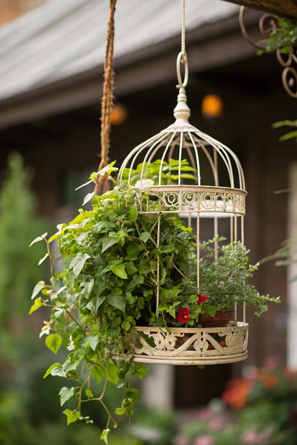 Hanging birdcage planters add an enchanting element to the garden.