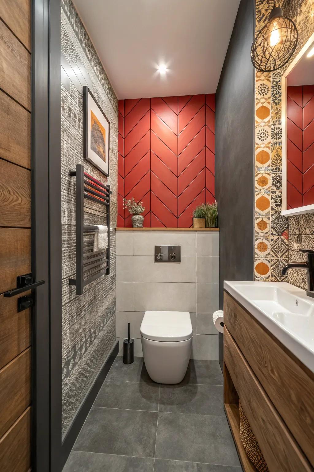 Bold accent wall creating a dramatic focal point in the bathroom.