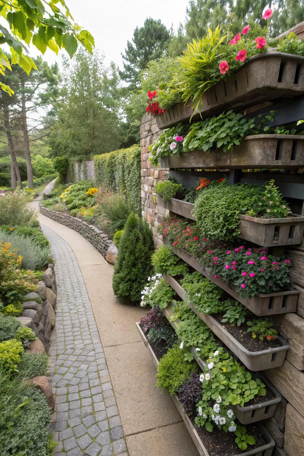 Vertical alpine planters create a striking living wall.