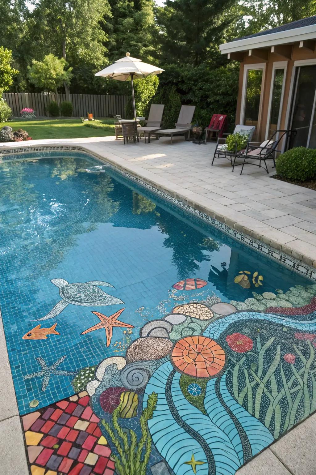 A pool with captivating underwater mosaic art.