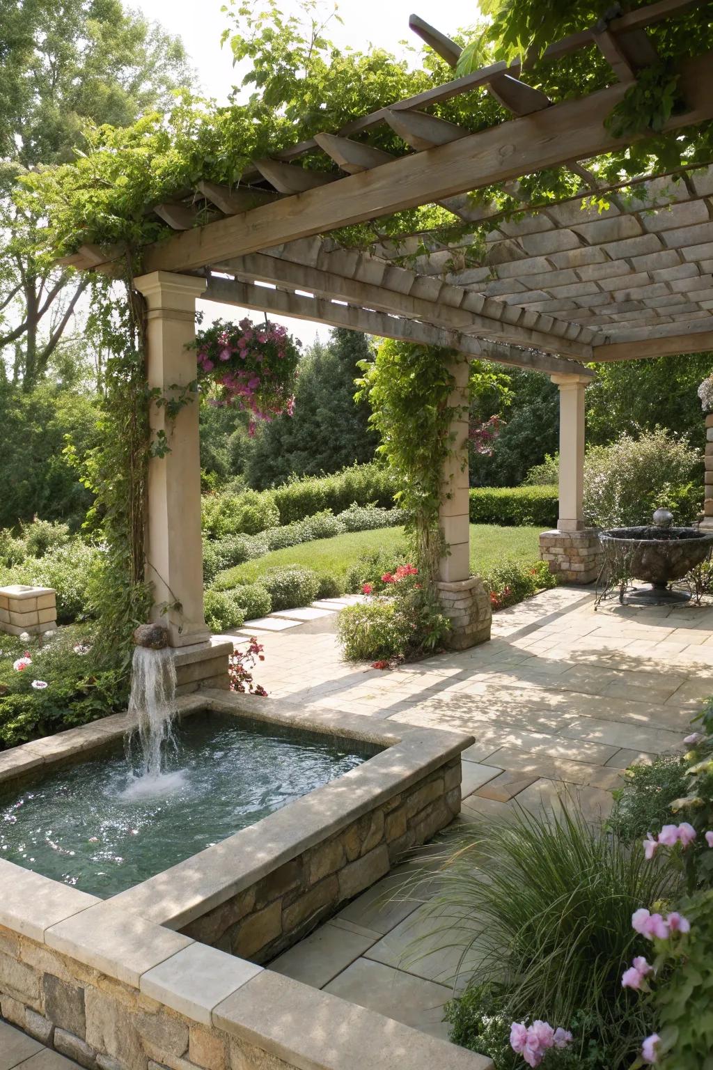 Water features include a calming aspect to pergola spaces.
