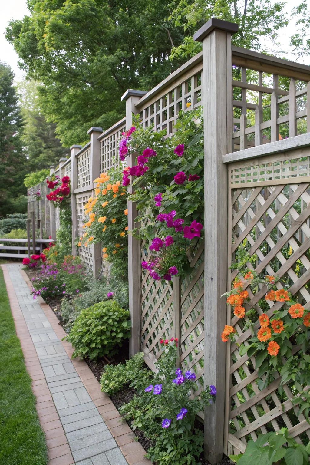 Charming weaved screens adorned with colorful climbing blossoms.