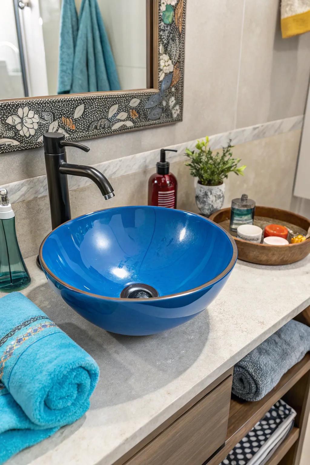 A vibrant sink delivers a striking bathroom statement.