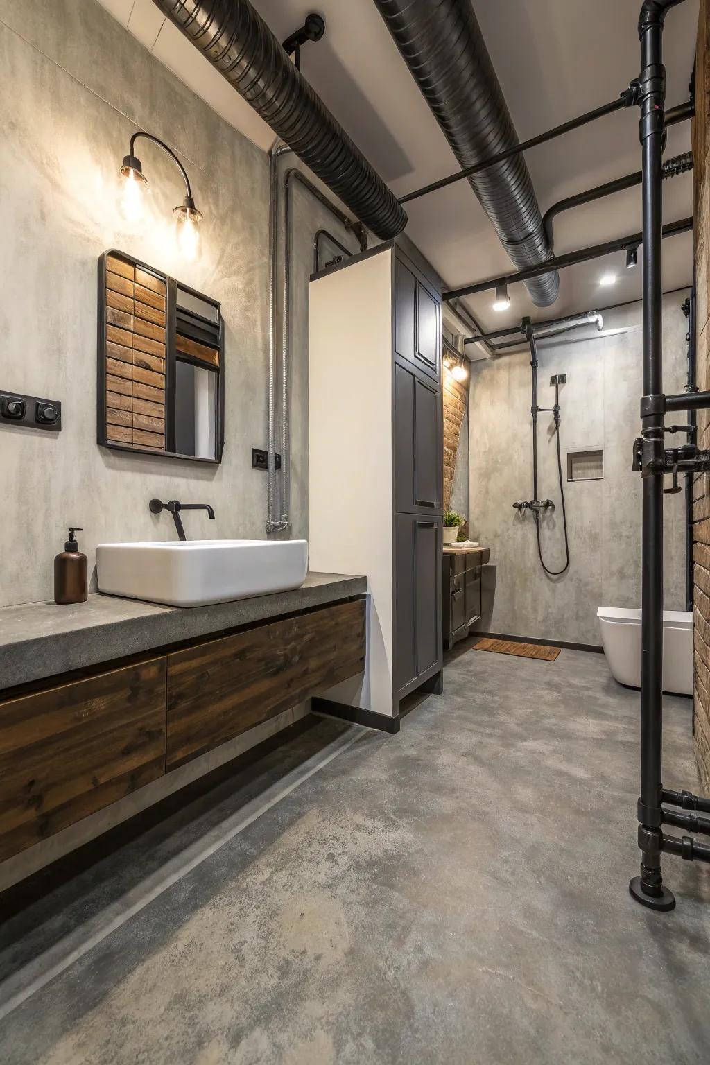 Concrete-look durable flooring introduces an industrial edge to this modern bathroom.