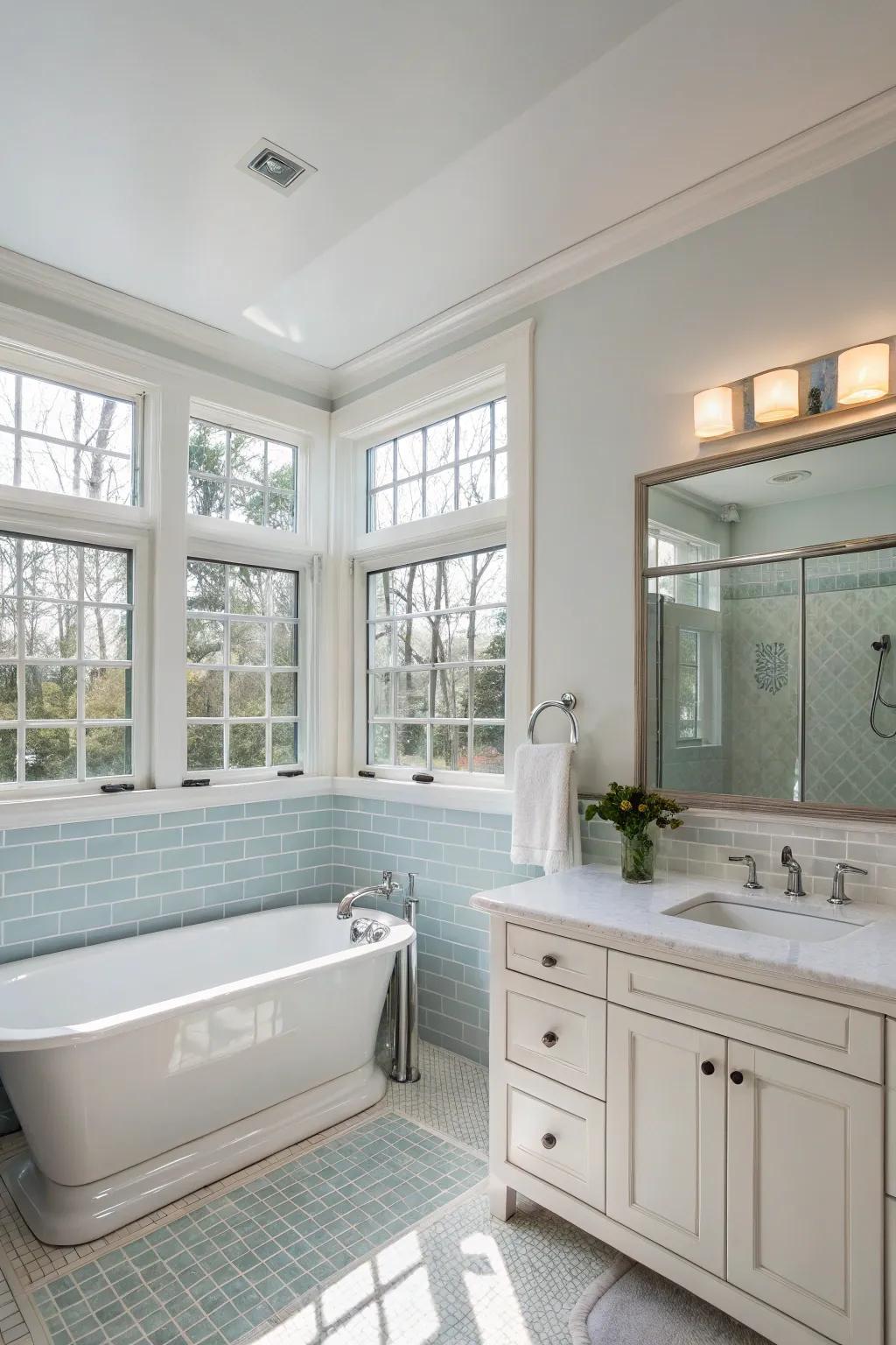 Transom windows providing extra light while maintaining privacy in the bathroom.