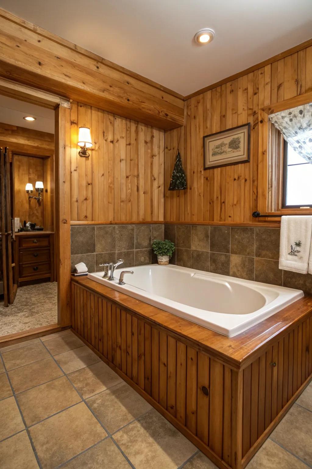 Timber sheeting contributes warmth and unaltered splendor to your bathtub space.