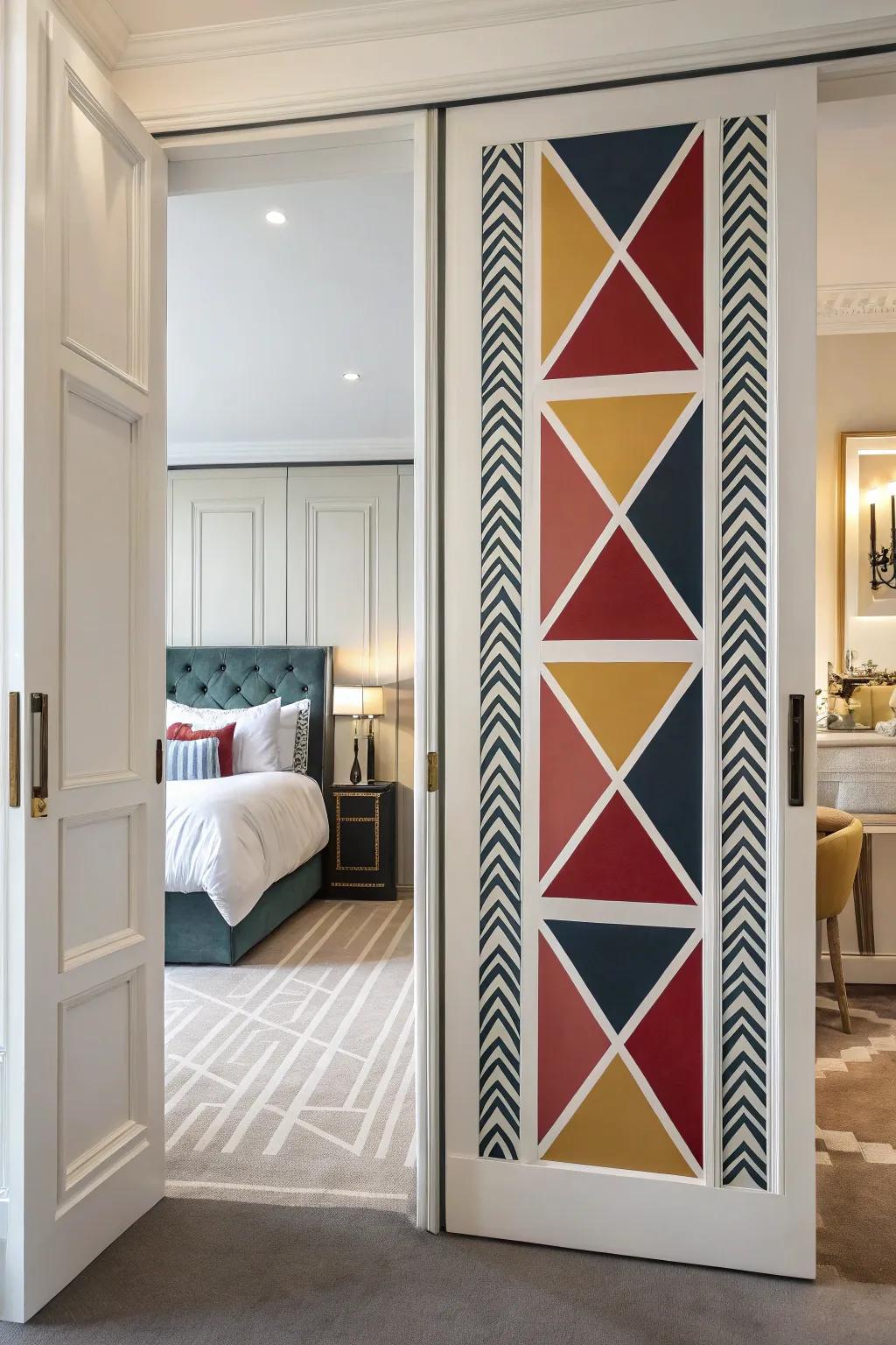 Geometric patterns add a modern and dynamic touch to your bedroom door.