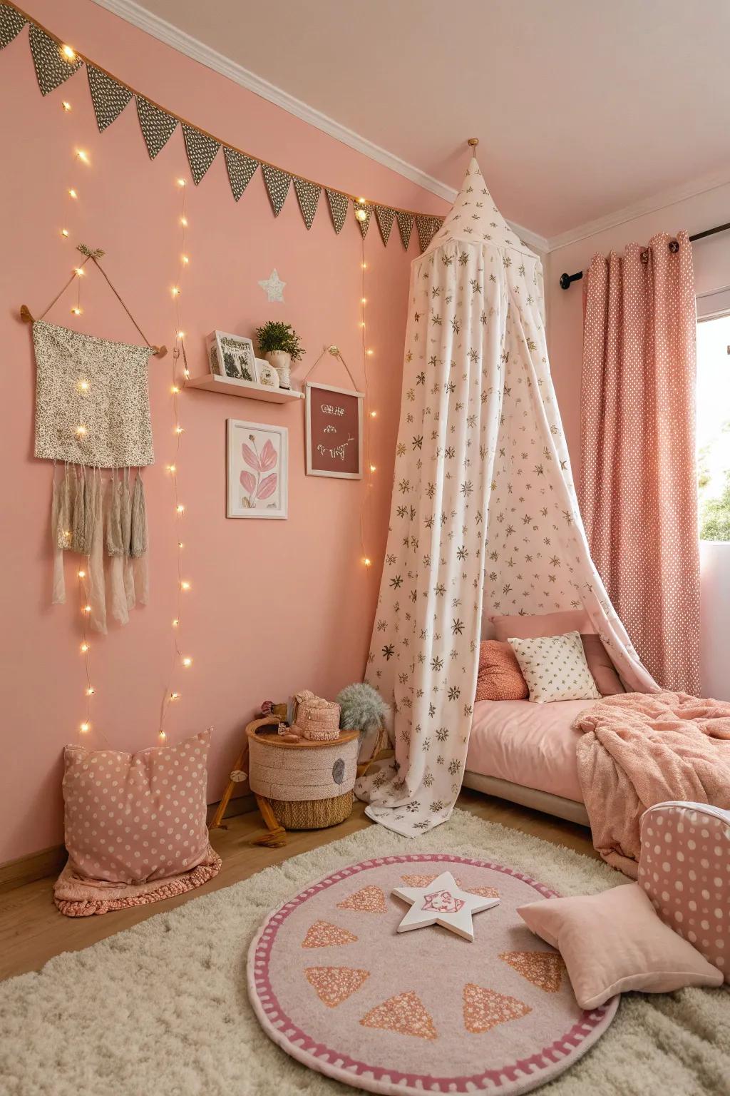 A playful bedroom with peachy pink walls that blend youthful charm with elegance.