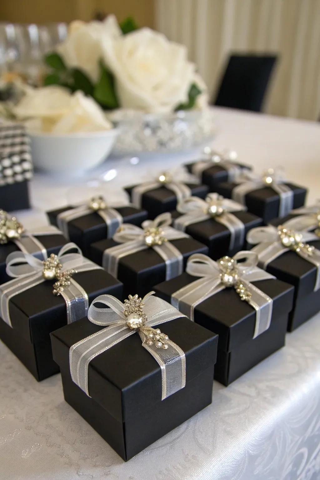 Refined wedding token containers in ebony and argent.