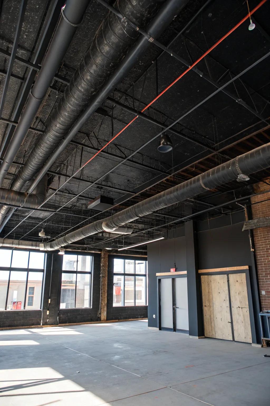 An industrial chic room with a black ceiling and urban flair.