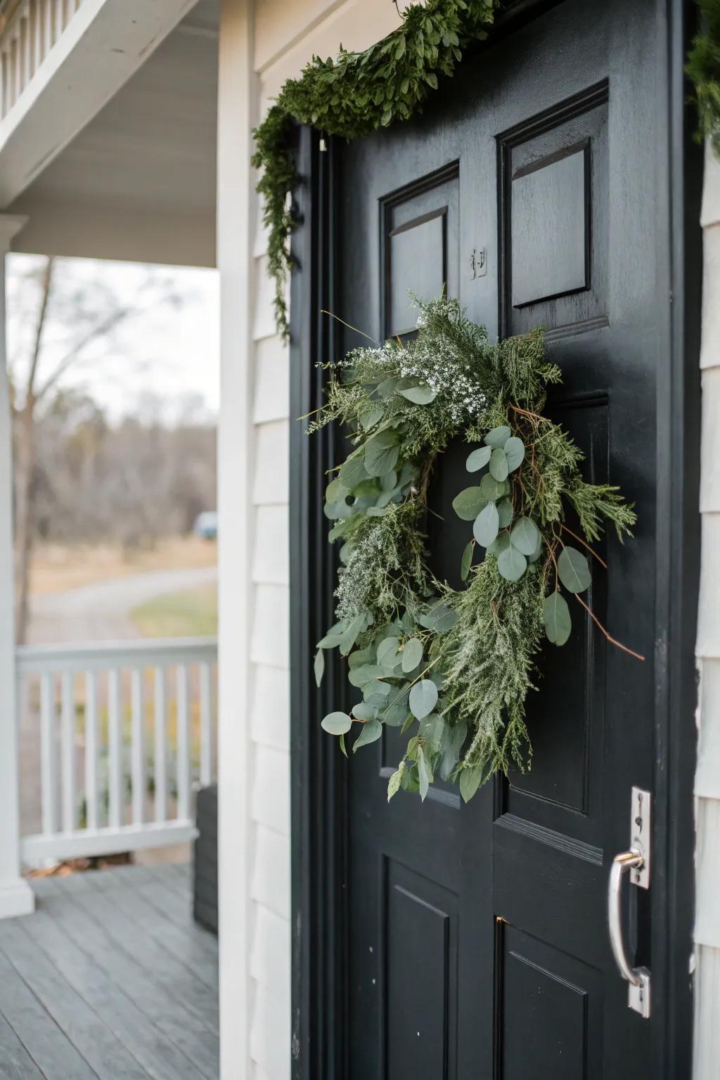A fresh eucalyptus wreath adorning the door of a dark porch.