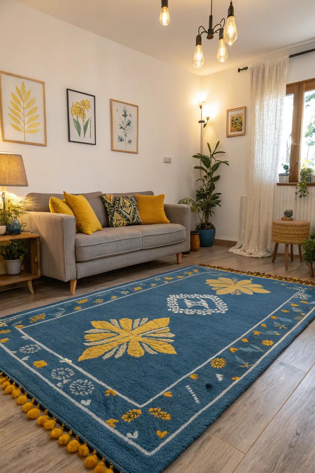 An impactful floor covering in azure with amber highlights, anchoring the heart of the living area.
