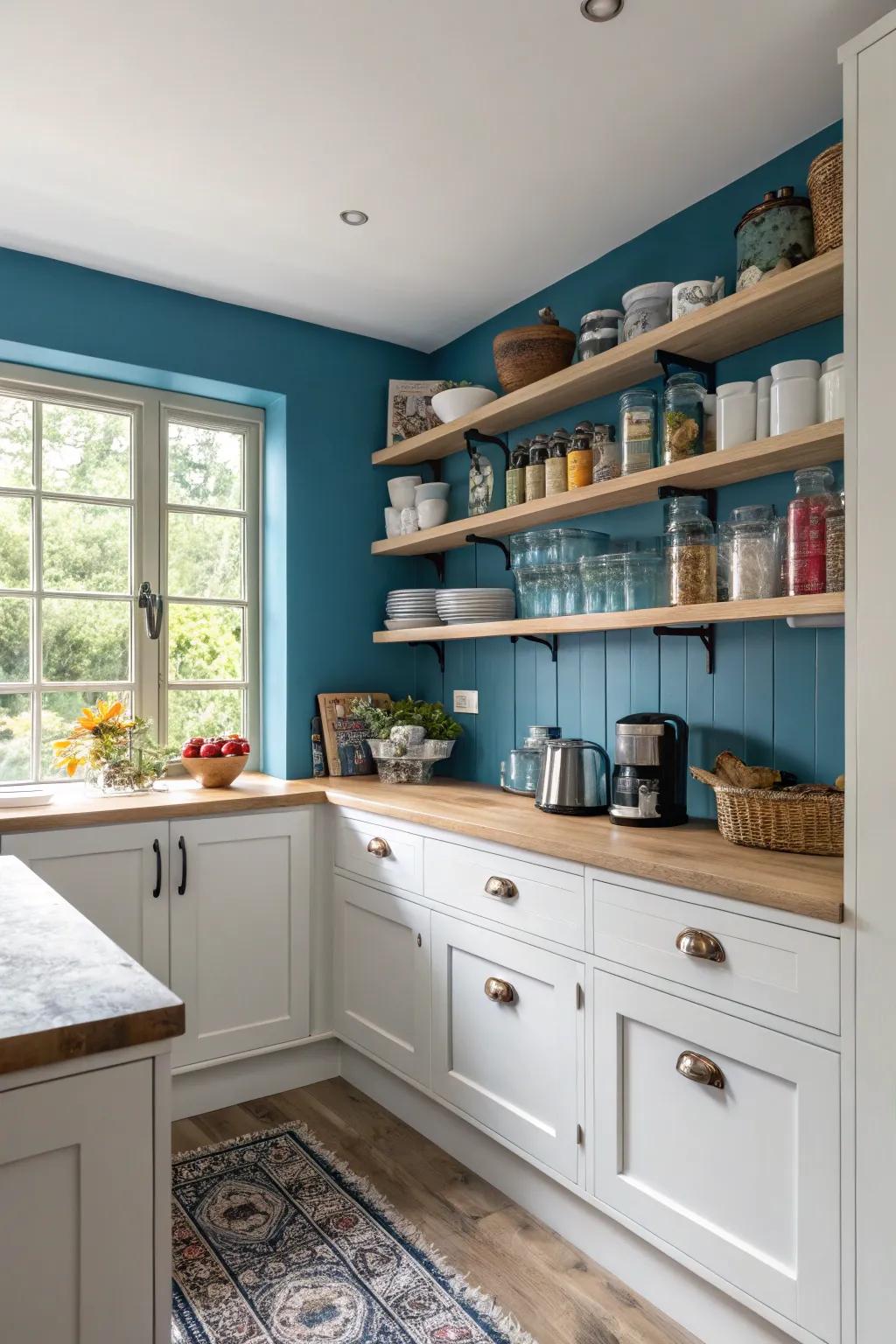 A blue accent wall becomes a focal point in this kitchen.