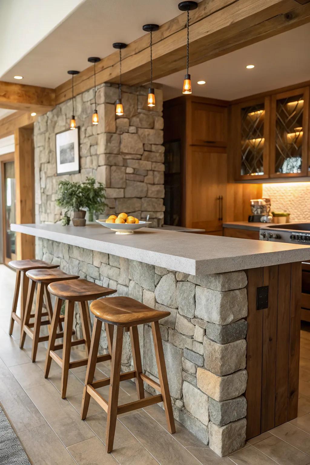 A textural delight with a mix of materials at the breakfast bar.