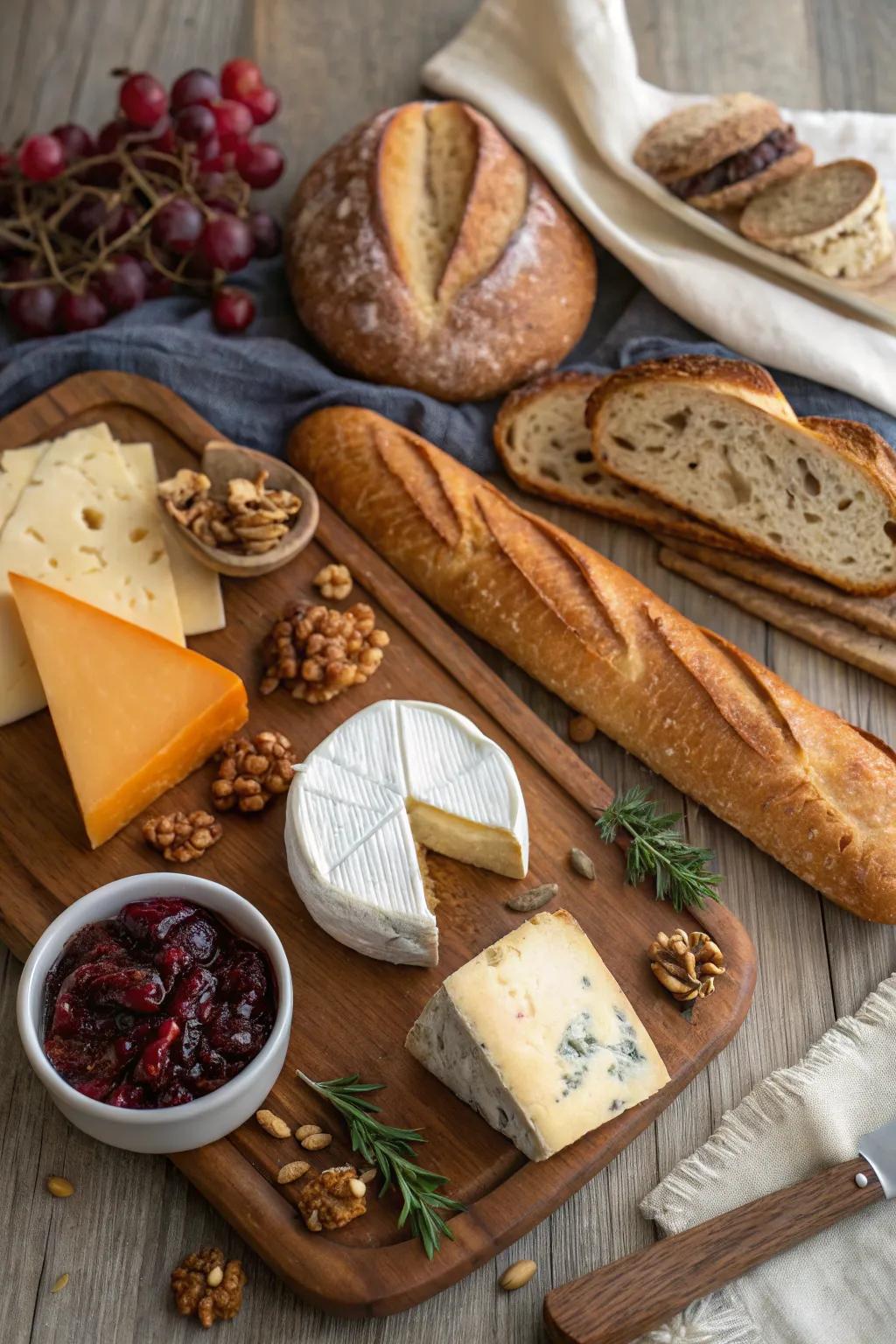 A classic rustic bread and cheese board for hearty taste.