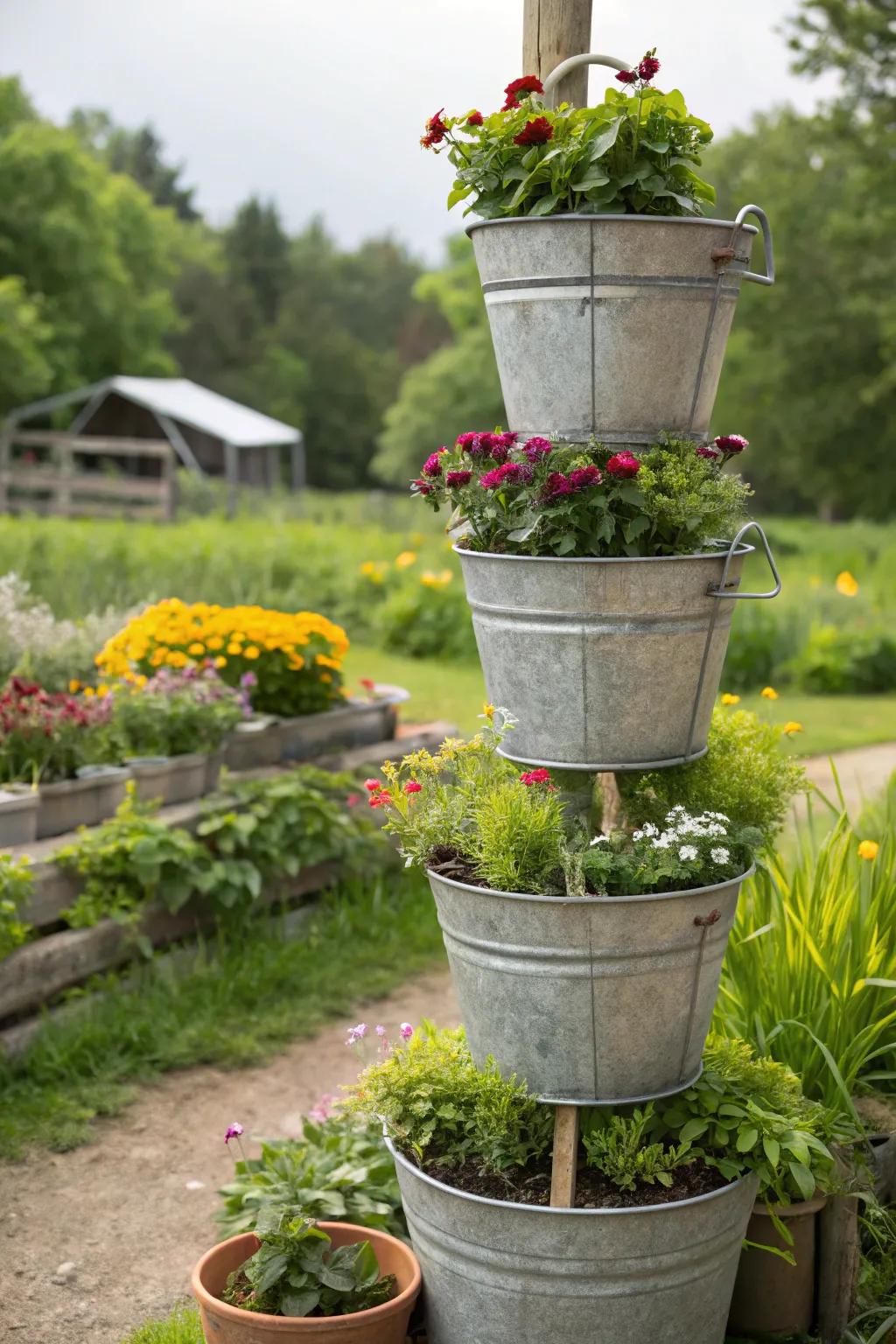 Multi-tiered bucket stands showcasing a variety of plants.