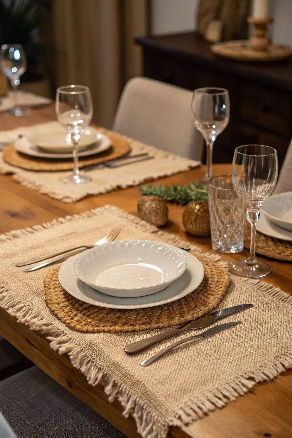Burlap placemats offer a rustic dining experience.
