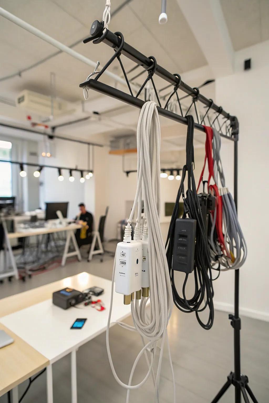 Hanging shelf repurposed for cable storage.