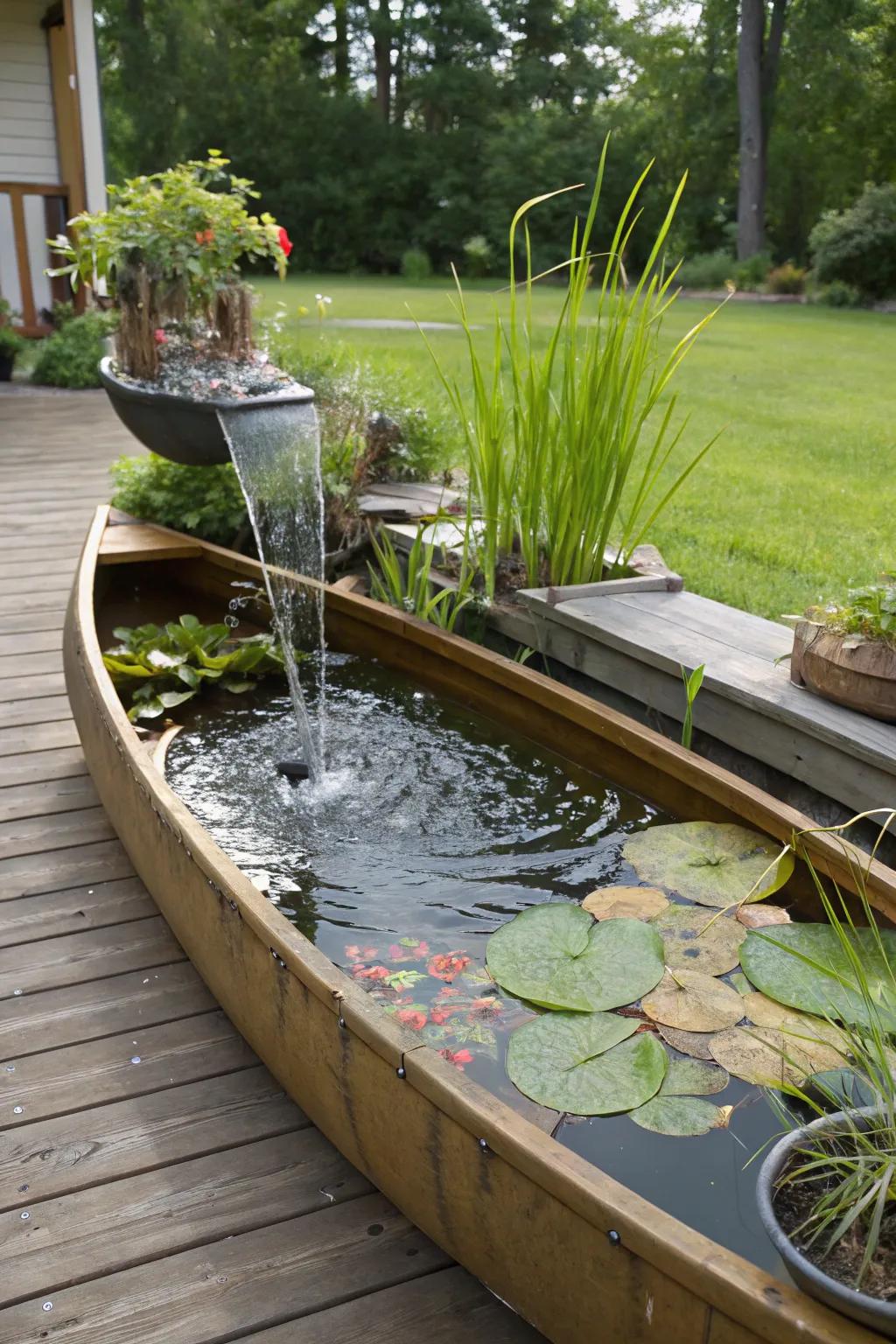 A canoe turned water feature offers a tranquil garden experience.