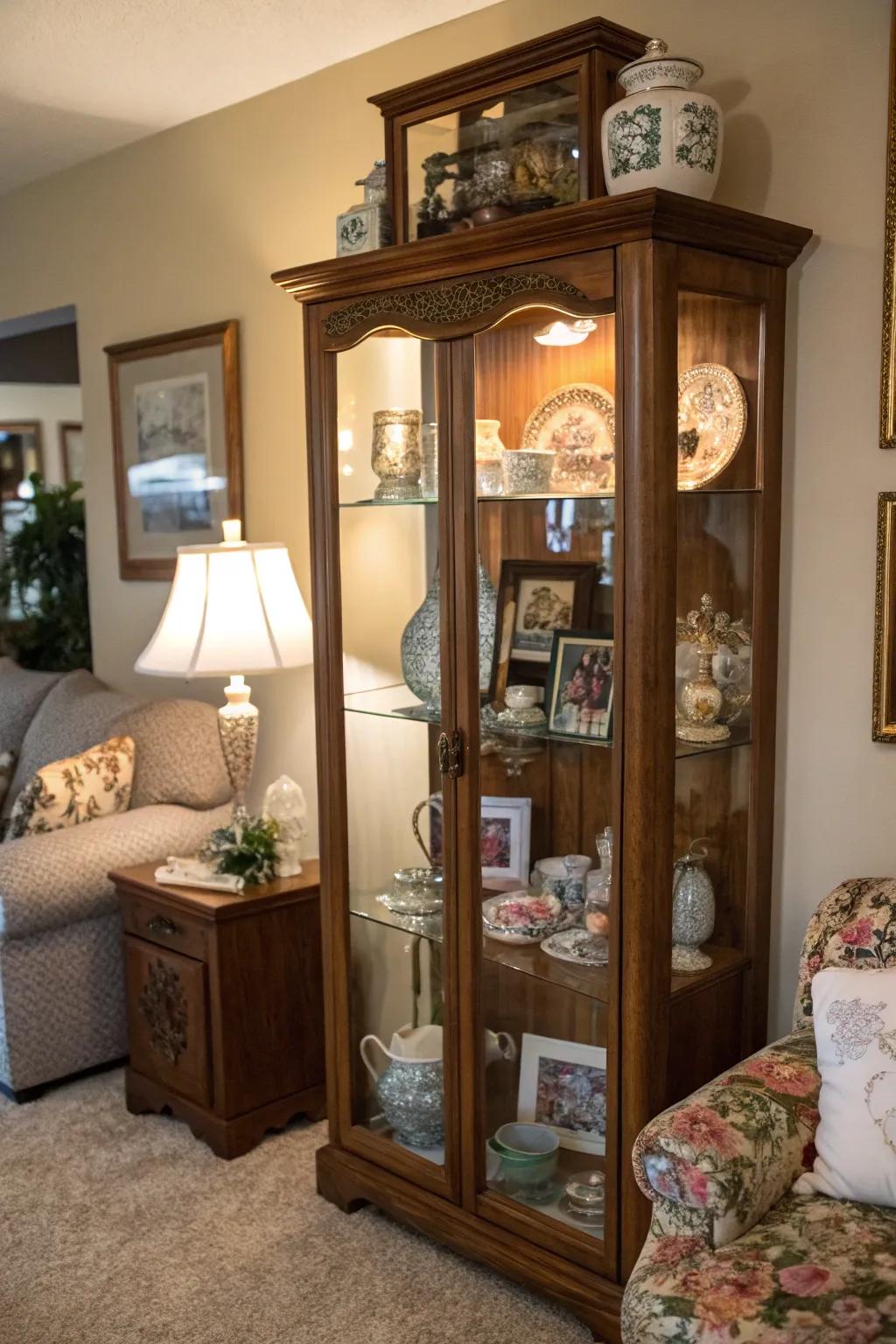 Personal items lending a unique feel to the display inside a cabinet.