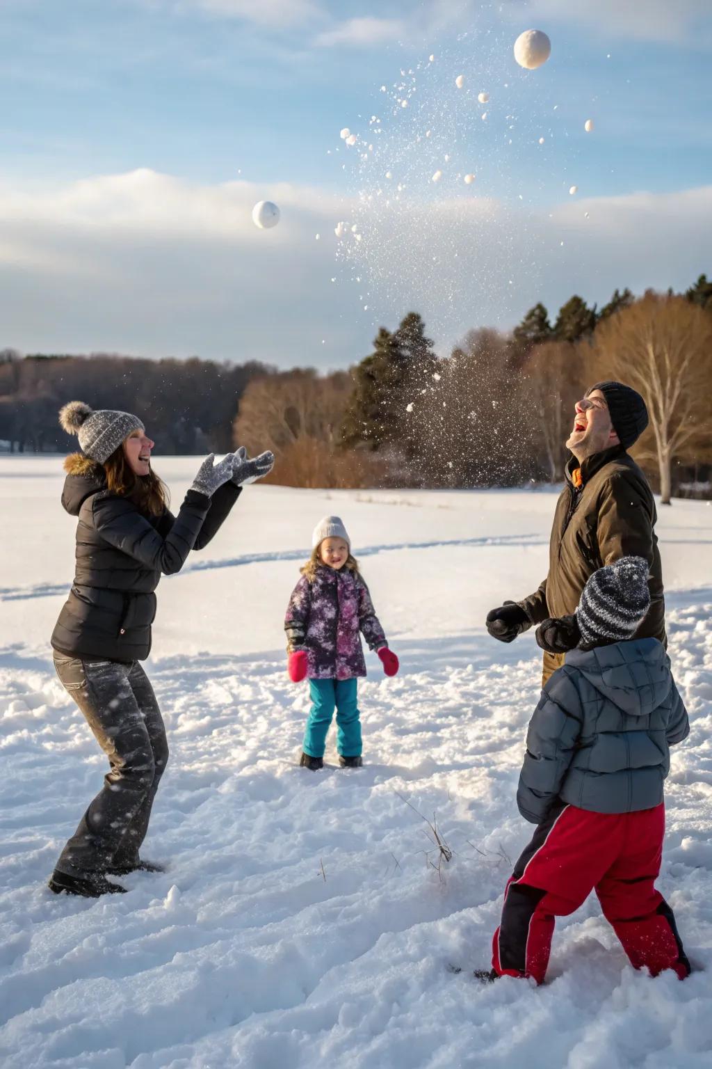A frozen orb combat elicits laughter in family photographs.