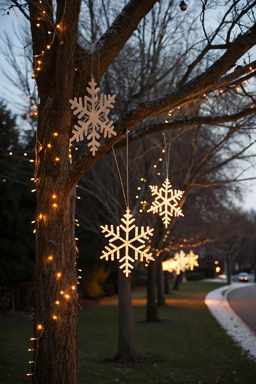 Delicate snowflake lights adding elegance to the Christmas decor.