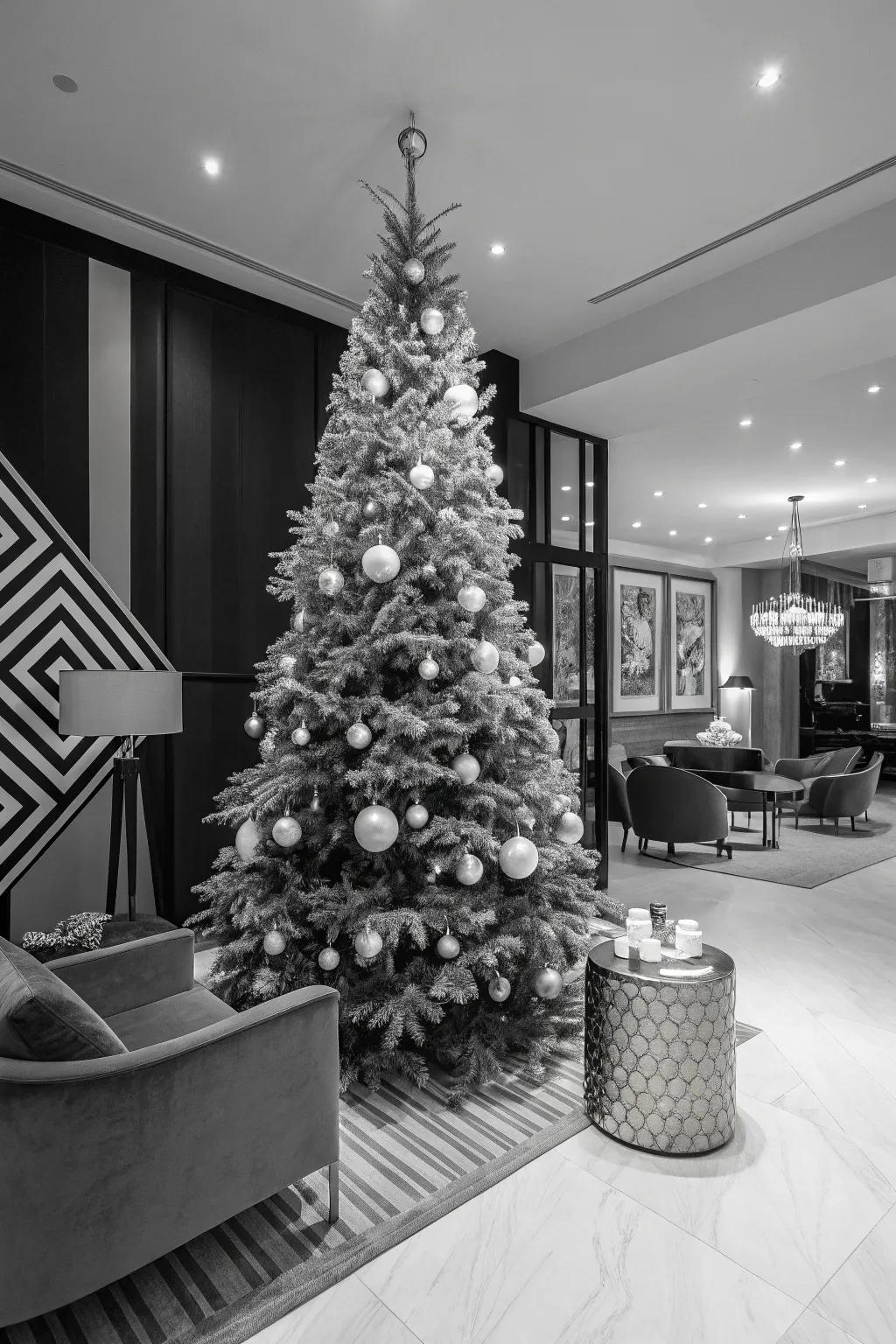 A monochrome theme infuses contemporary sophistication into your Christmas tree.