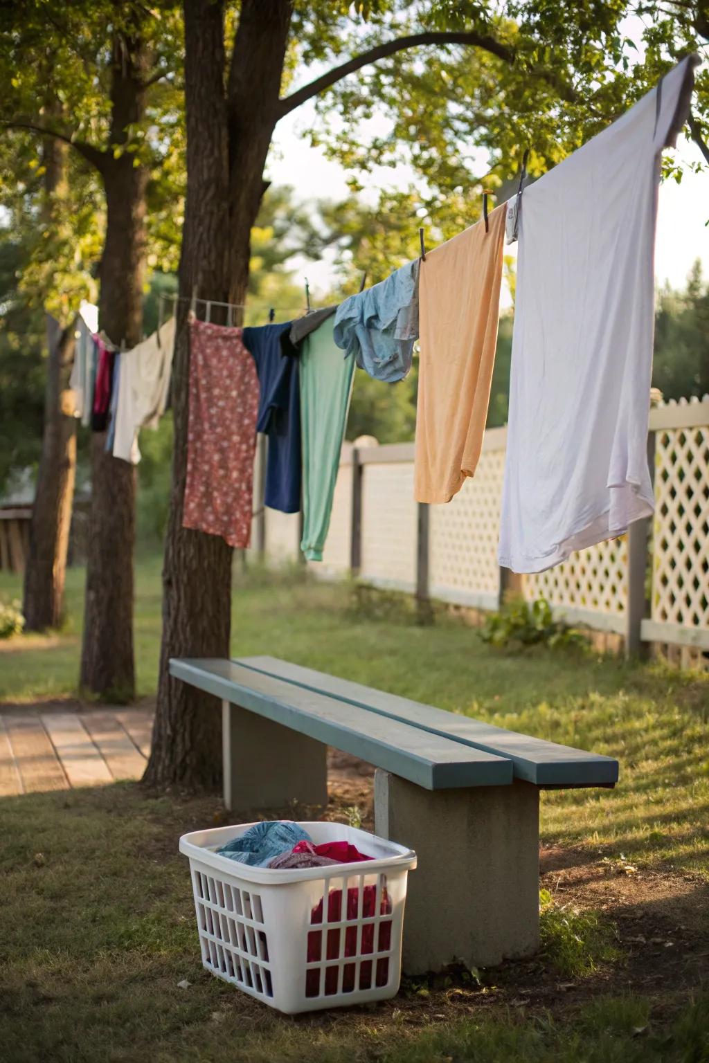 Functional and convenient: a clothesline with a built-in bench.