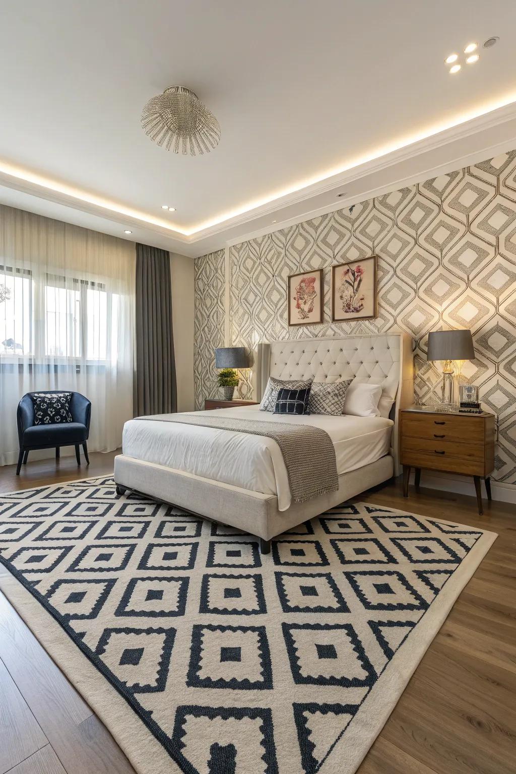 Geometric patterns energize your bedroom with modern flair.