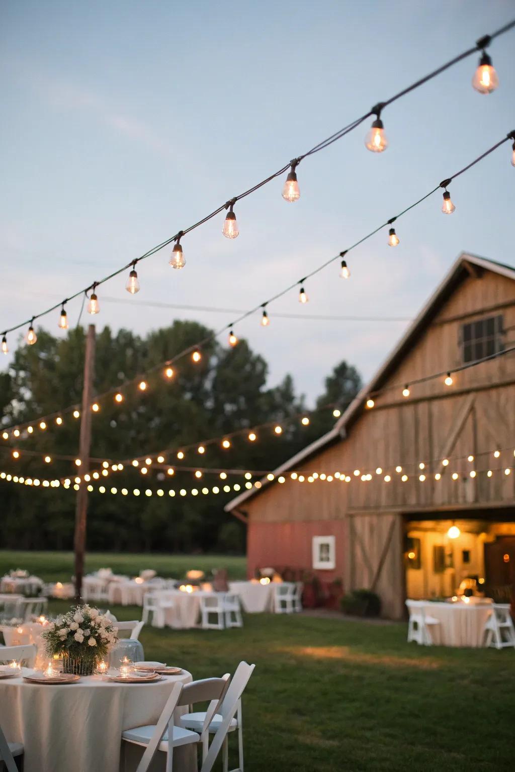 String lights create a magical ambiance at a country wedding.