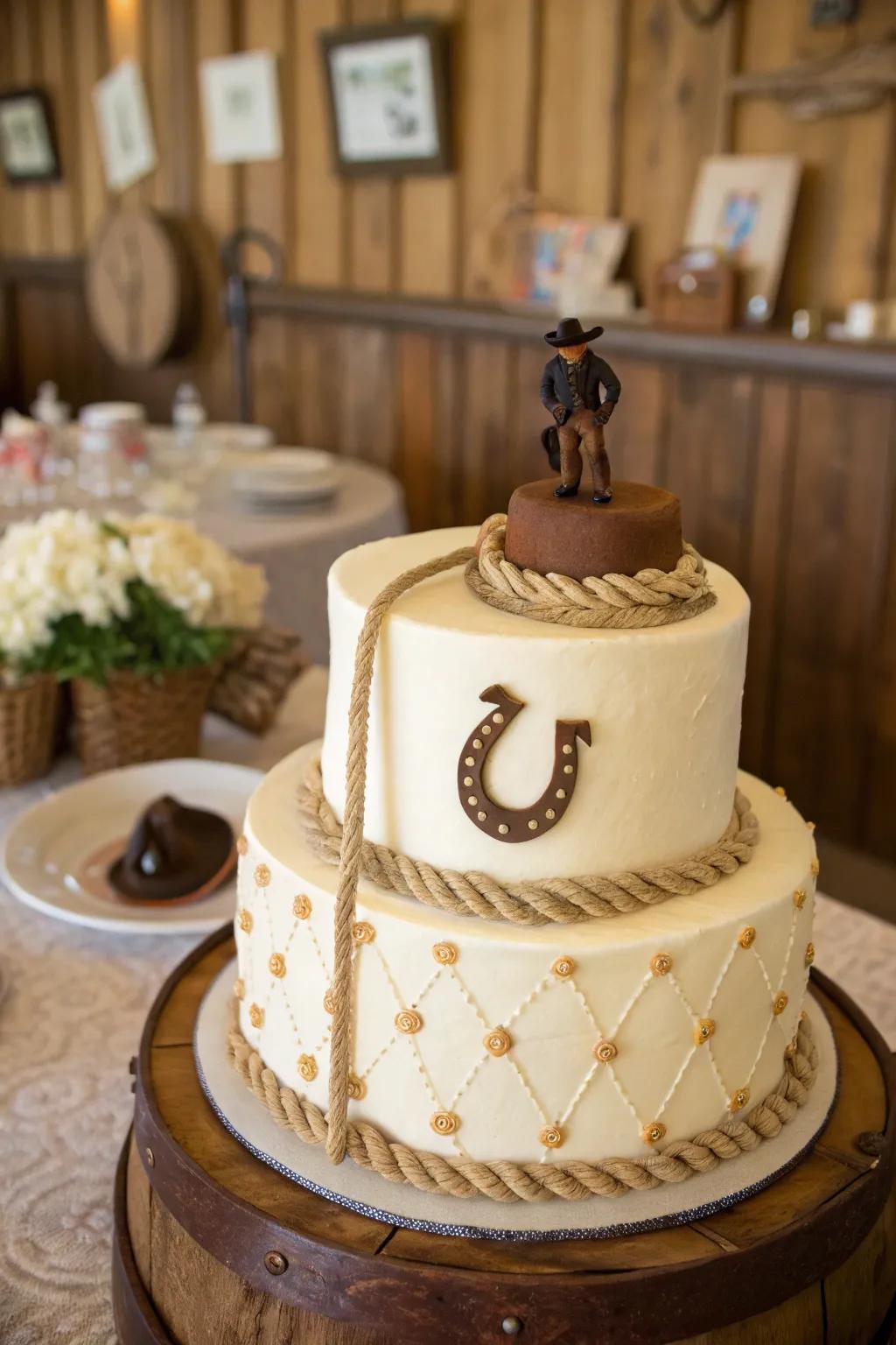 A fondant lasso loop appends a lively and spirited accent to this cowgirl cake, celebrating the adventurous spirit of the West.