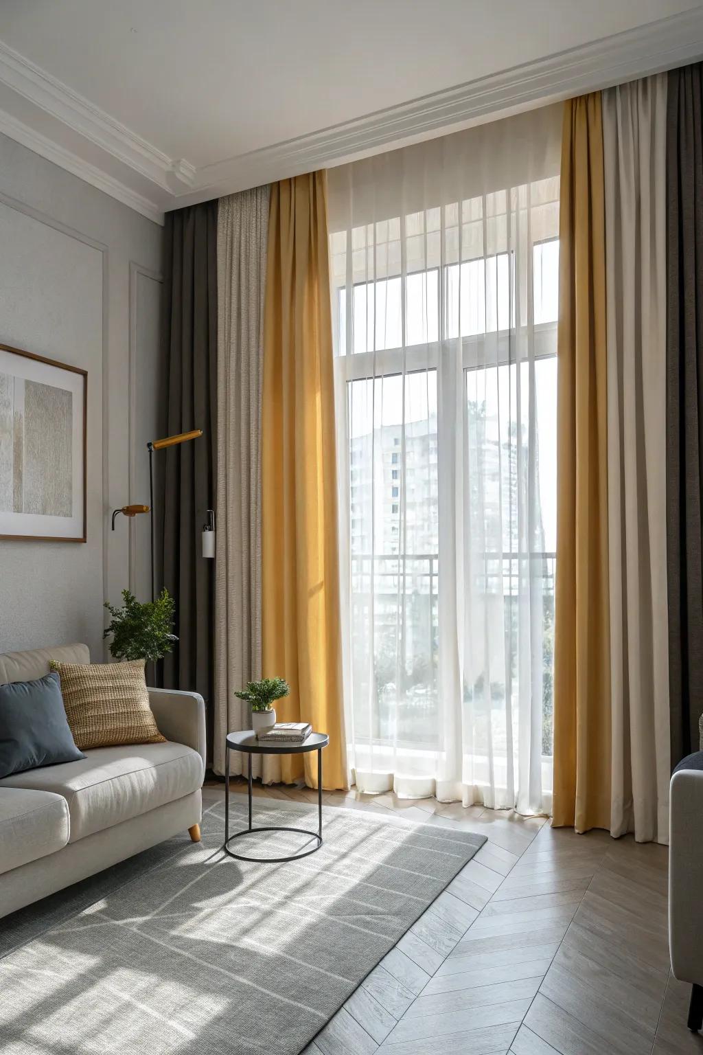 Dual-tone curtains add depth and dimension to the decor.