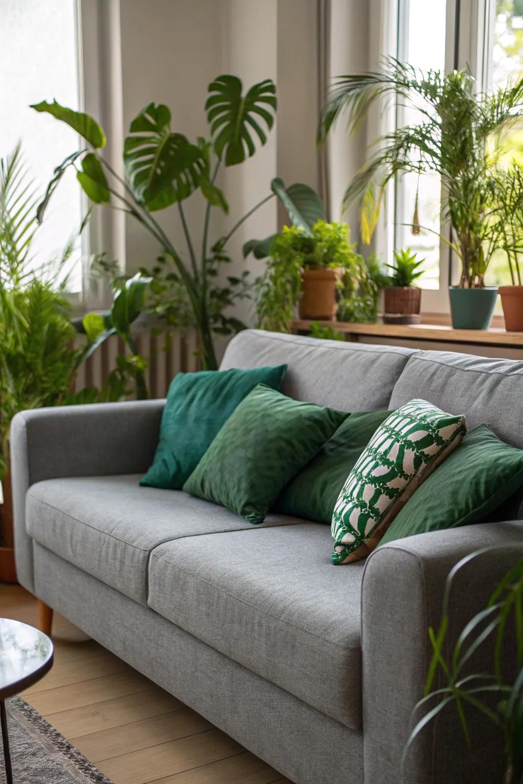 Verdant pillows infuse a refreshing, nature-influenced sense onto a charcoal sofa.